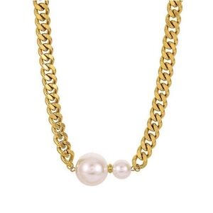 Cuban Link 18k Gold Platec Chain Necklace with Pearls